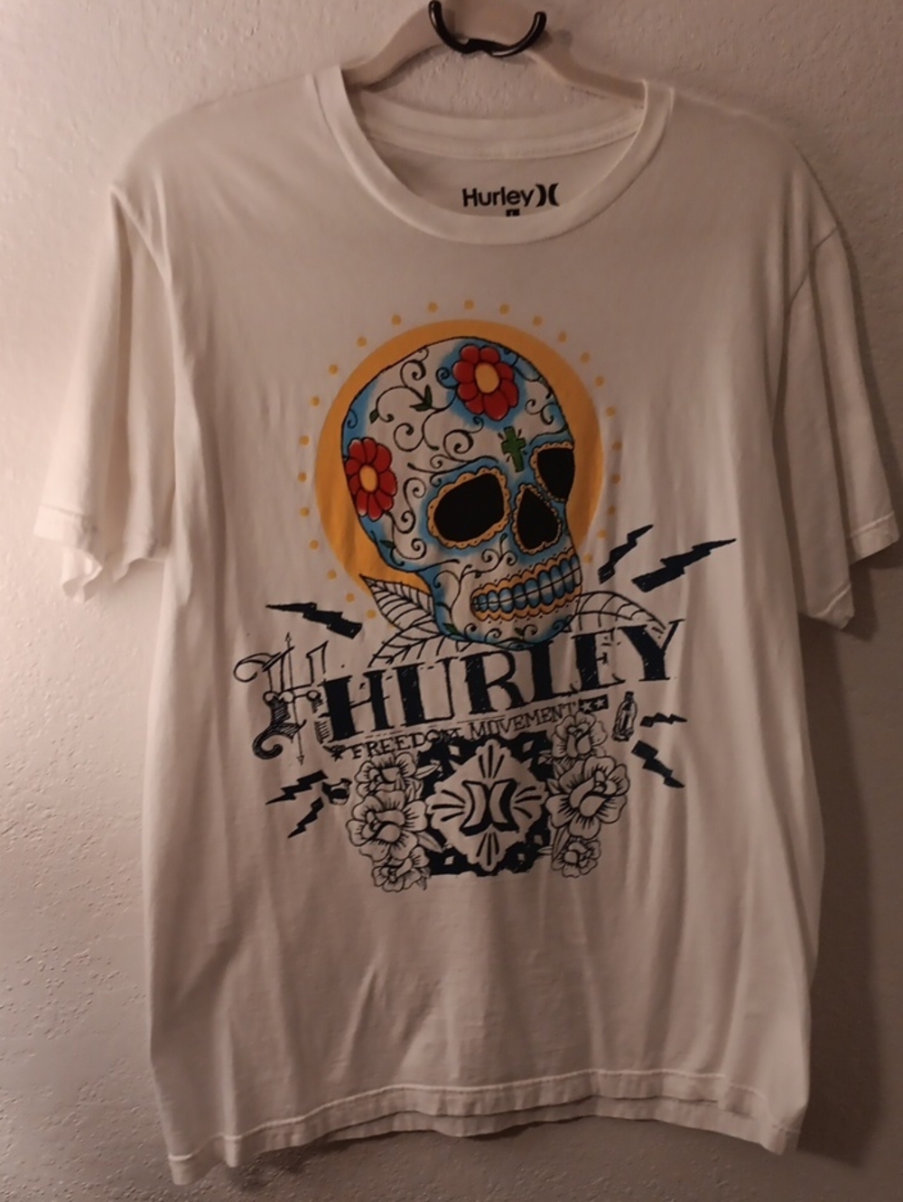Hurley White Tee with Colorful Sugar Skull Graphic